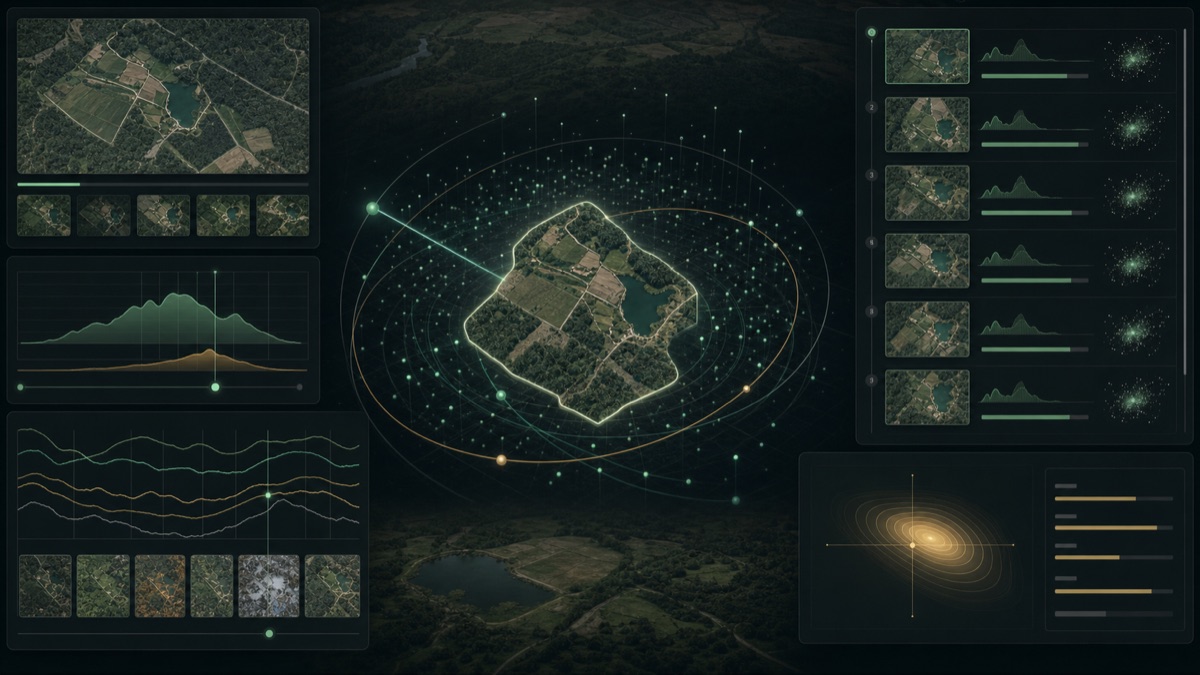 Professional AlphaEarth research interface showing a satellite parcel embedded in a multidimensional similarity field with comparable landscapes and calibration charts.