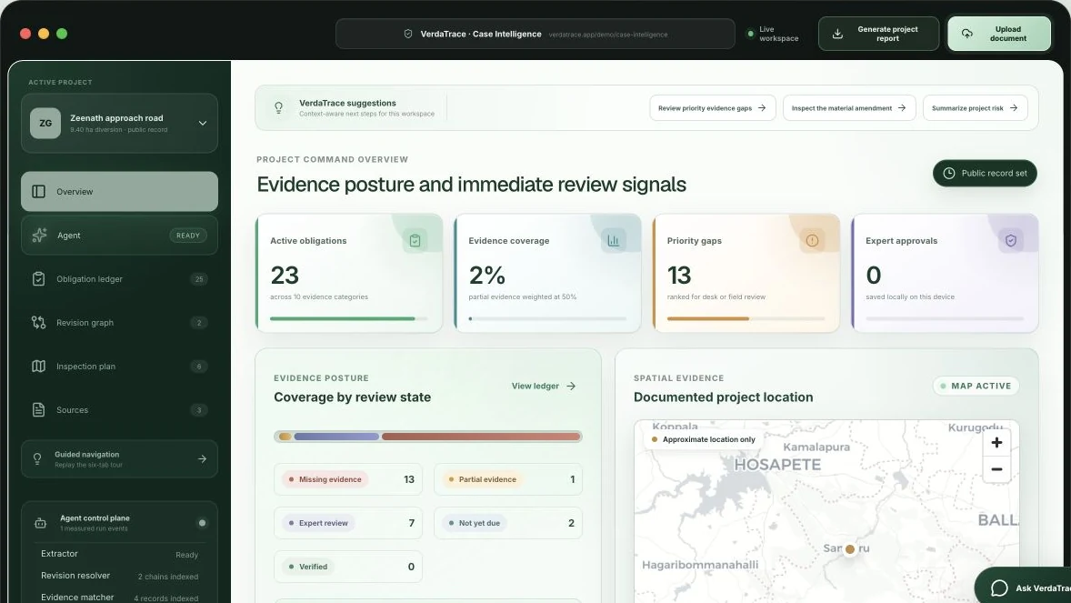 Live VerdaTrace Case Intelligence overview showing the Zeenath approach road workspace, current obligation counts, evidence gaps, agent status, and documented project map.