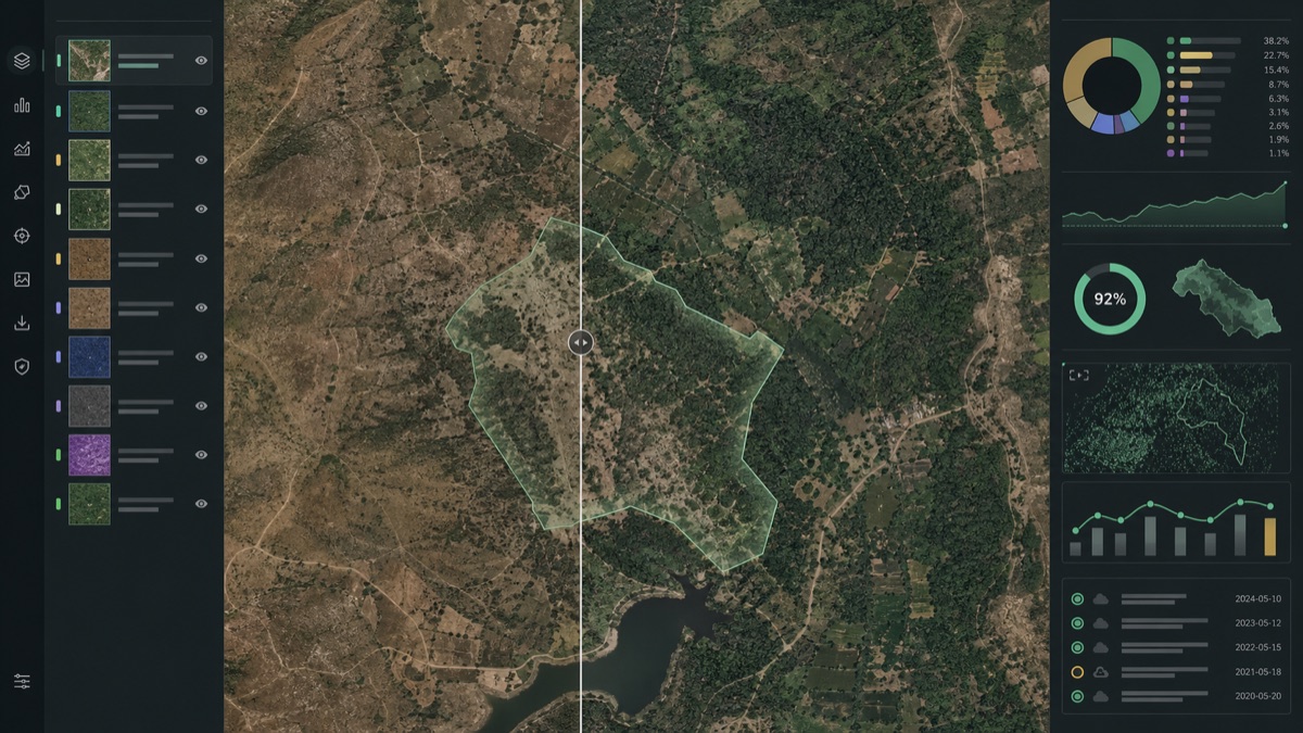 Professional GIS workbench showing a verified parcel on real satellite terrain with baseline and current imagery comparison, land-cover layers, coverage, and change analytics.